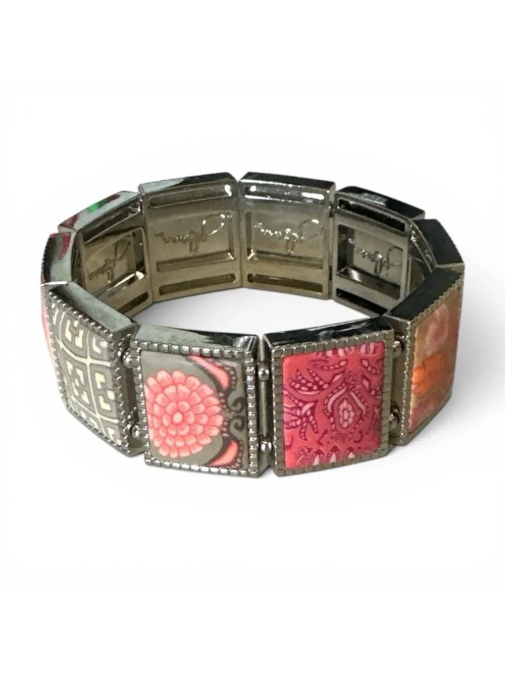 JILZARA Handmade Clay Bead Large Square Stretch Bracelet Pink Orange Gray Floral